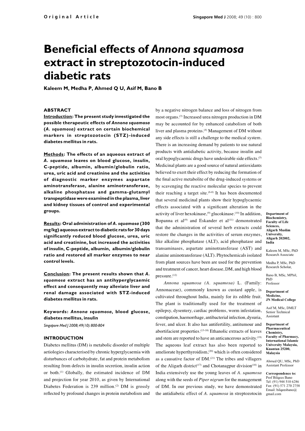 Beneficial Effects of Annona Squamosa Extract in Streptozotocin