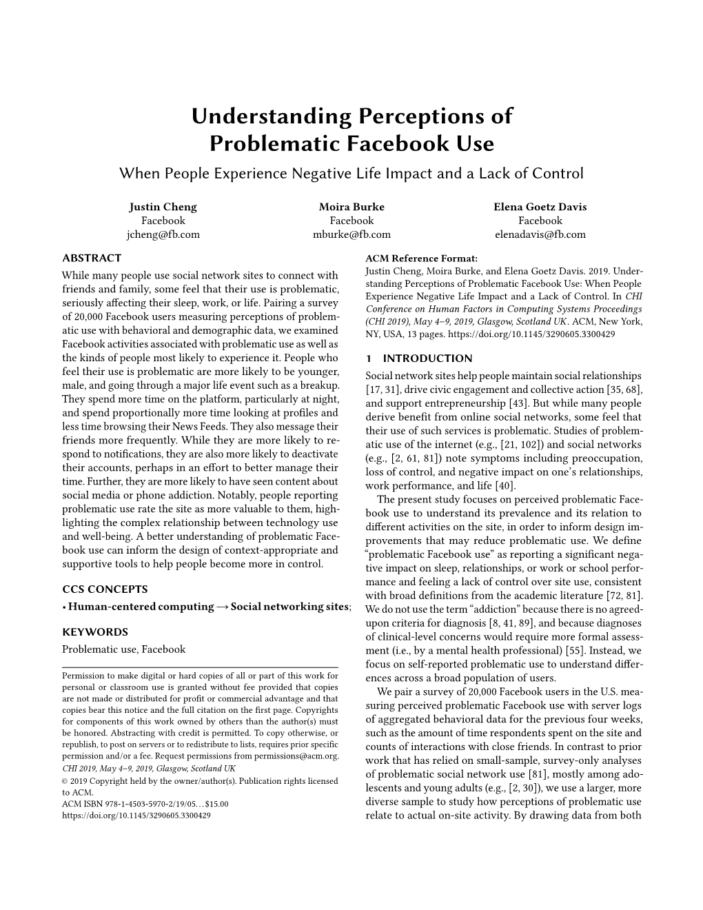 Understanding Perceptions of Problematic Facebook Use When People Experience Negative Life Impact and a Lack of Control