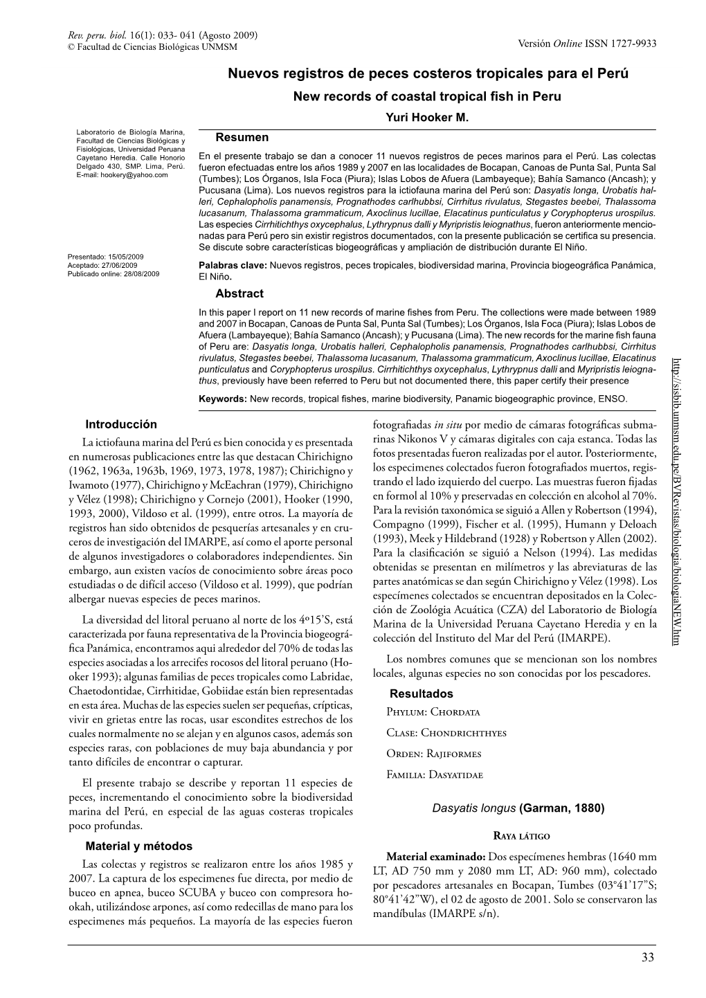 Nuevos Registros De Peces Costeros Tropicales Para El Perú New Records of Coastal Tropical Fish in Peru Yuri Hooker M