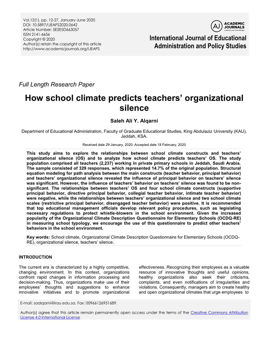 How School Climate Predicts Teachers' Organizational Silence
