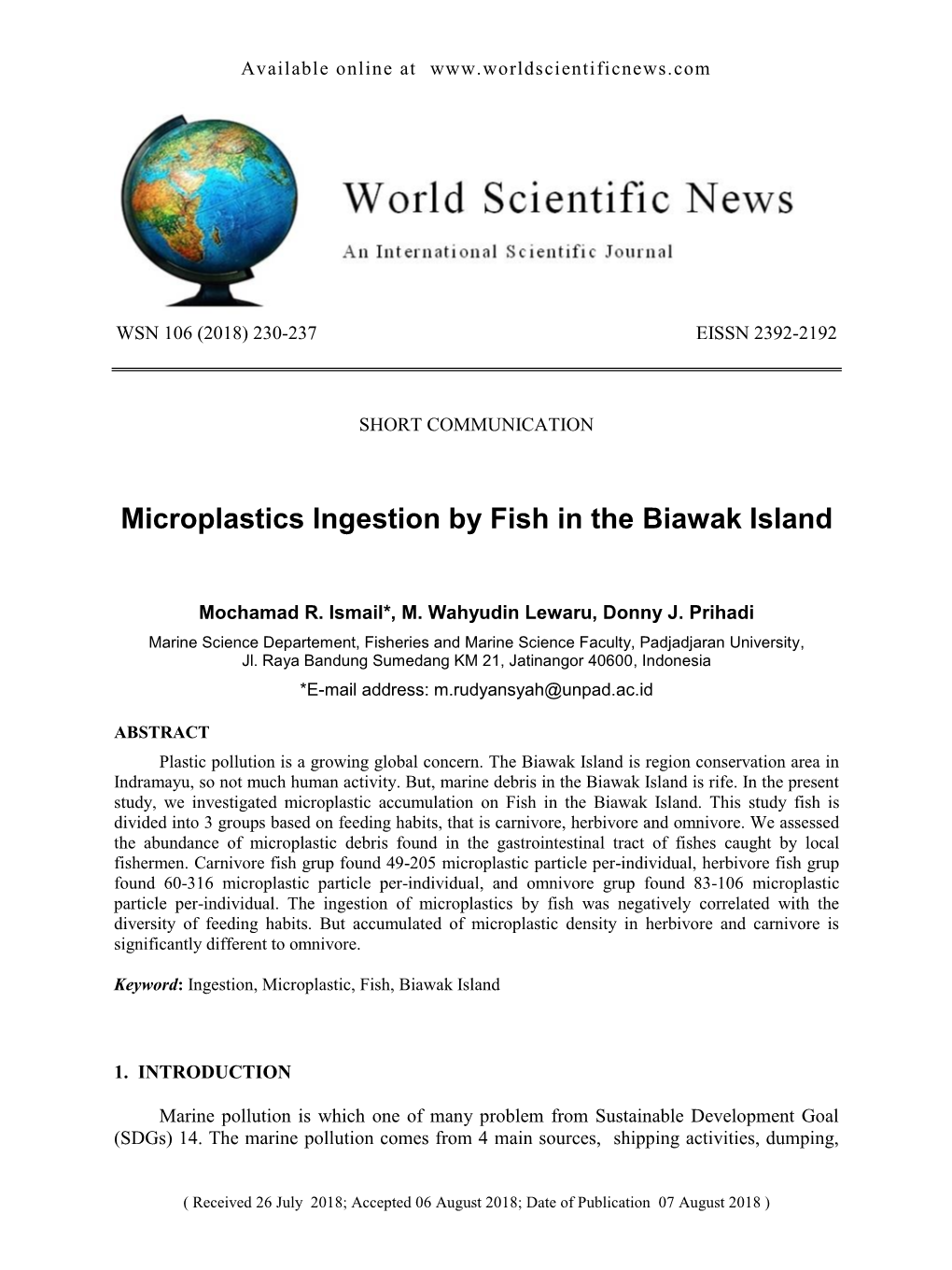 Microplastics Ingestion by Fish in the Biawak Island