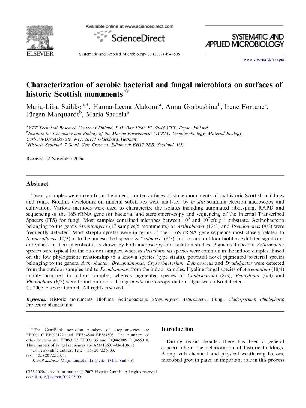 Characterization of Aerobic Bacterial and Fungal Microbiota on Surfaces of Historic Scottish Monuments