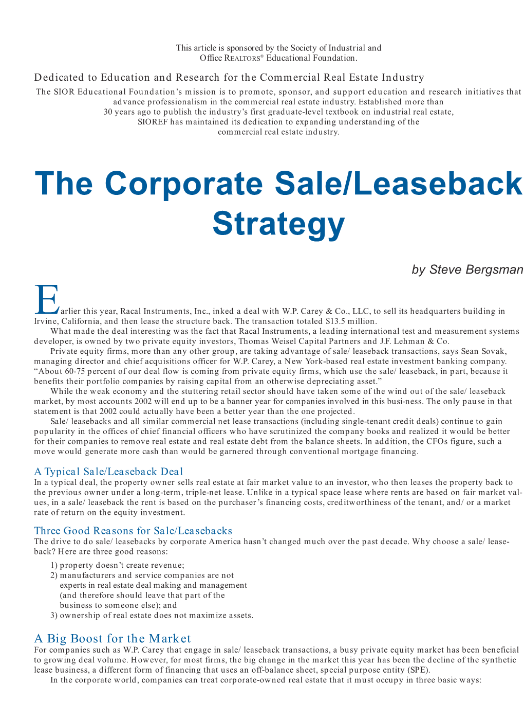 The Corporate Sale/Leaseback Strategy