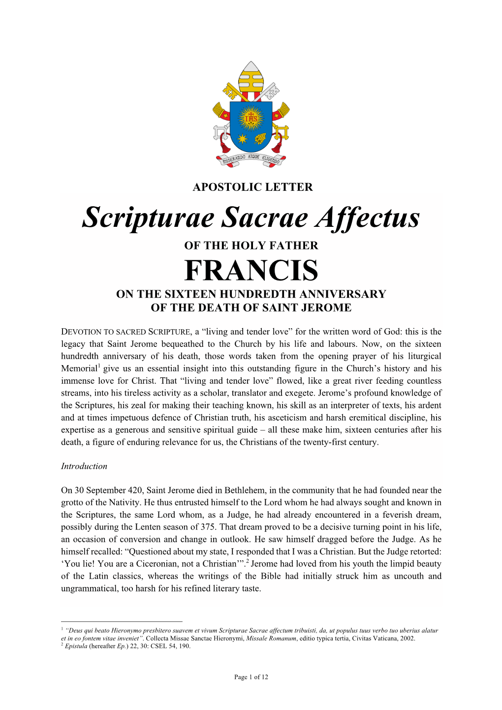 Scripturae Sacrae Affectus of the HOLY FATHER FRANCIS on the SIXTEEN HUNDREDTH ANNIVERSARY of the DEATH of SAINT JEROME