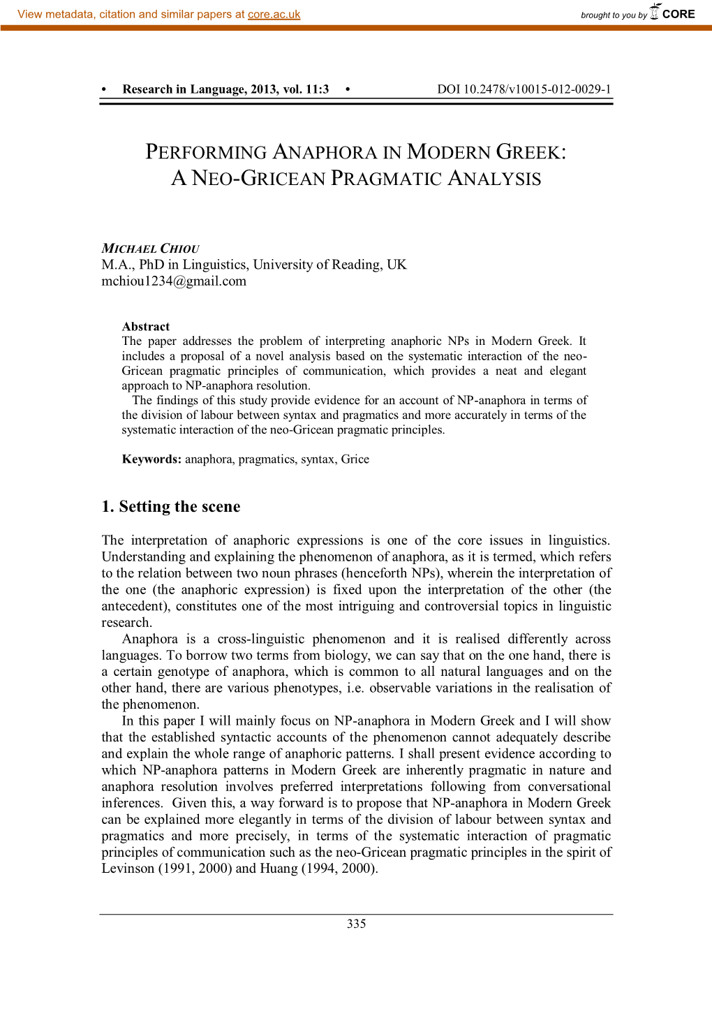 Performing Anaphora in Modern Greek: a Neo-Gricean Pragmatic Analysis