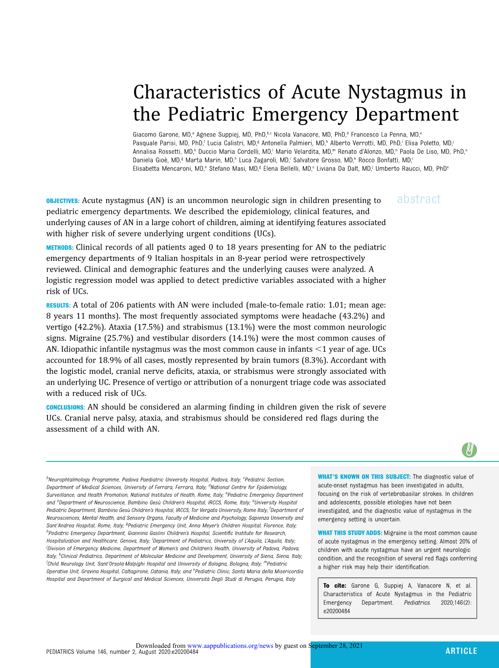 Characteristics of Acute Nystagmus in the Pediatric Emergency Department