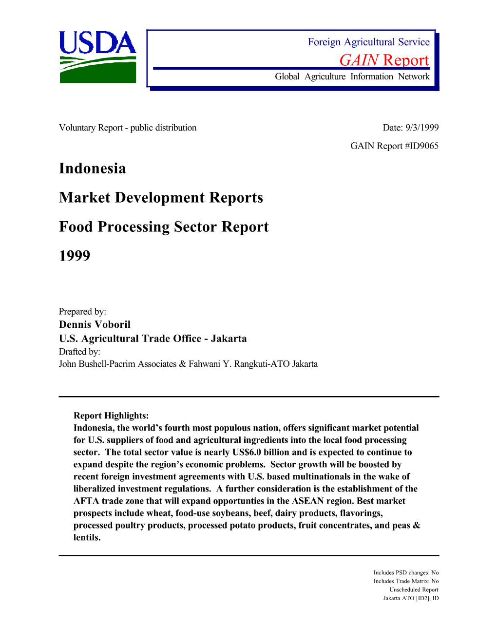 Indonesia Market Development Reports Food Processing Sector Report 1999