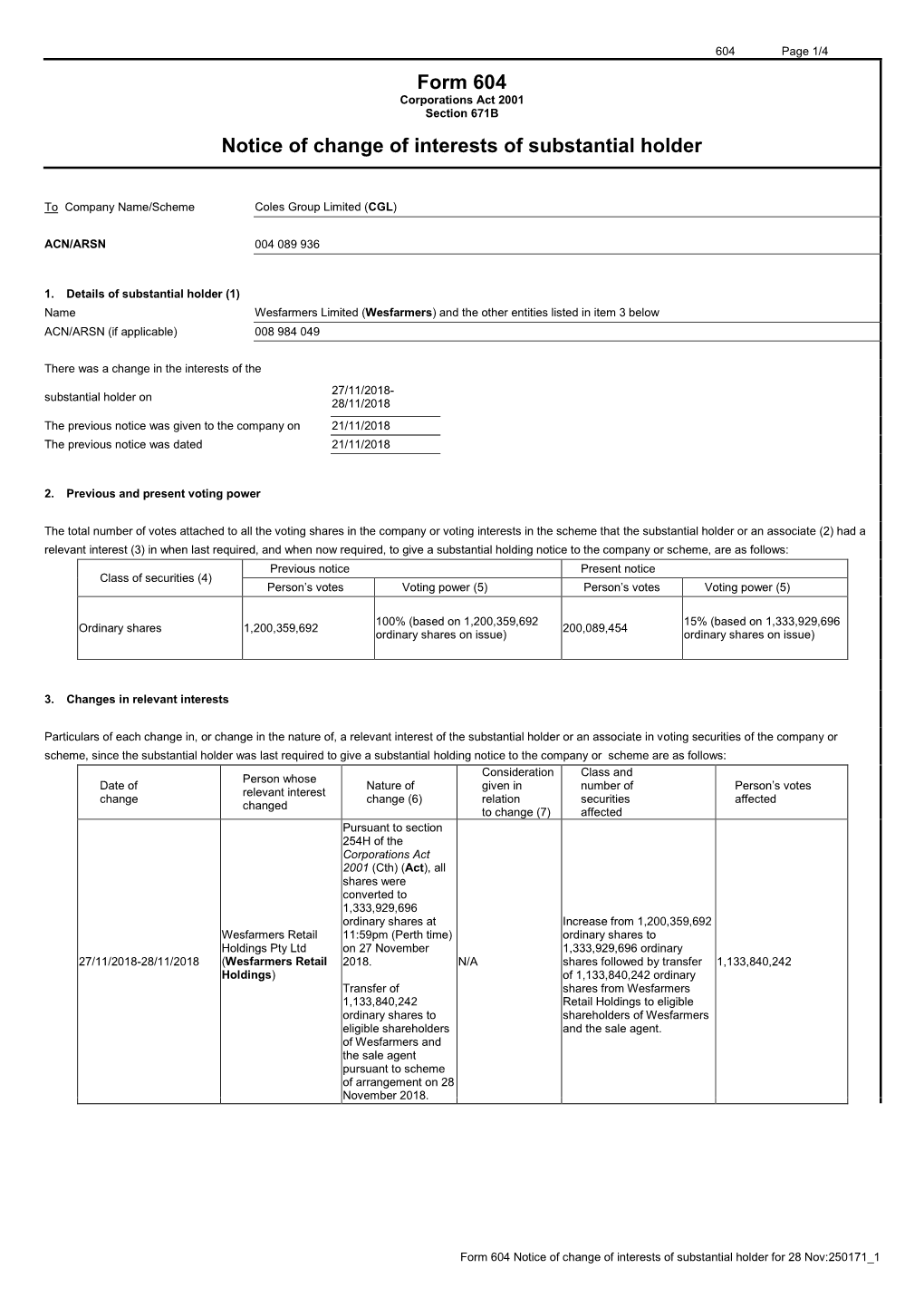 Notice of Change of Interests of Substantial Holder