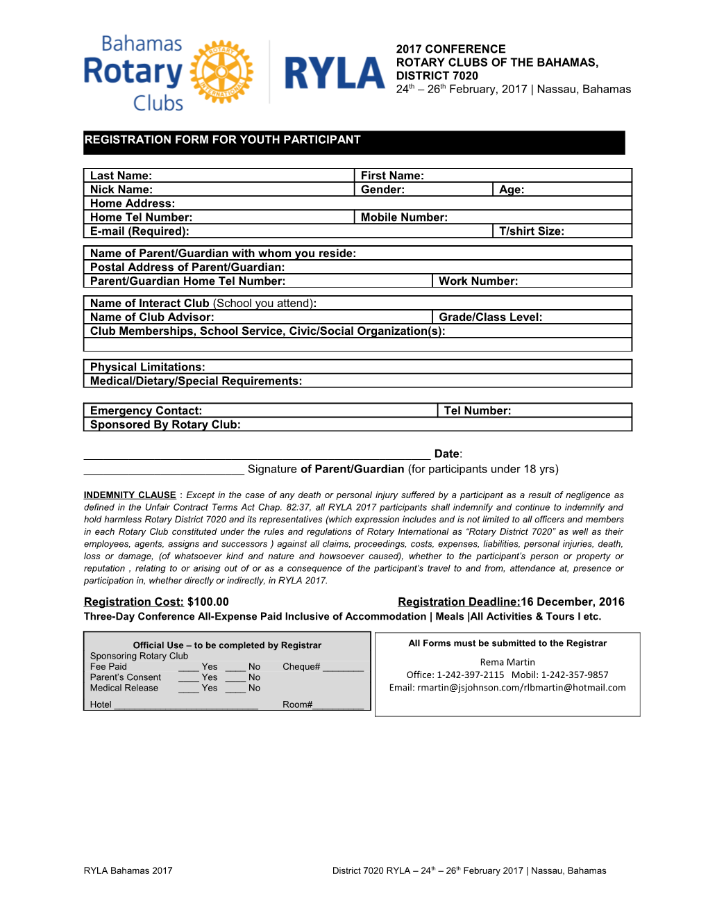 Registration Form for Youth Participant