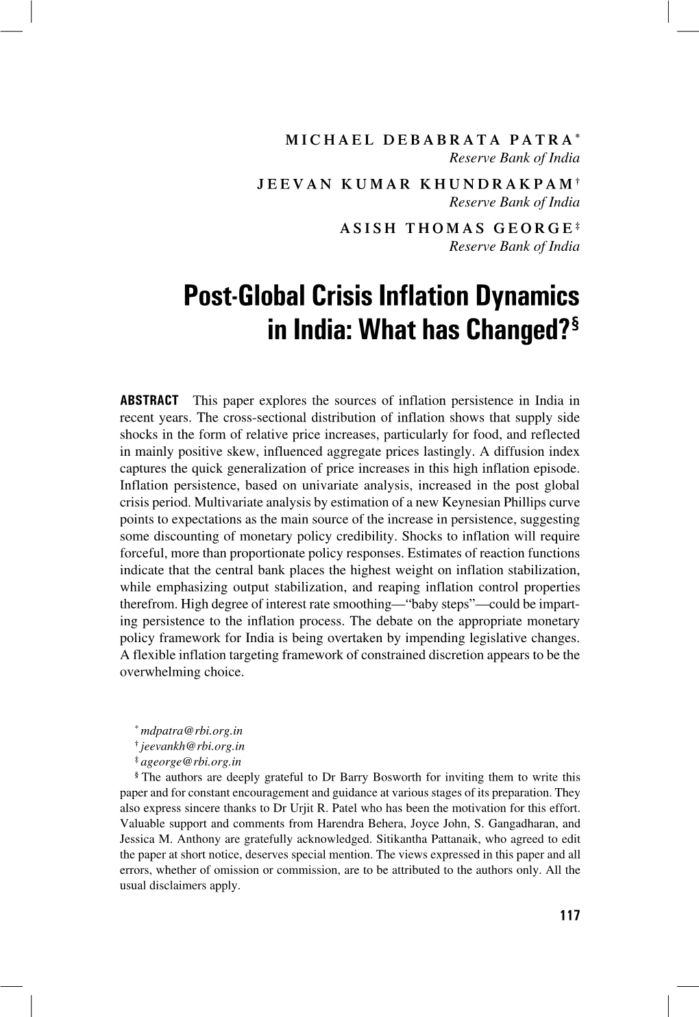 Post-Global Crisis Inflation Dynamics in India: What Has Changed?§