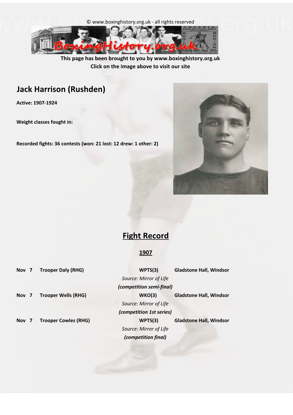 Fight Record Jack Harrison (Rushden)