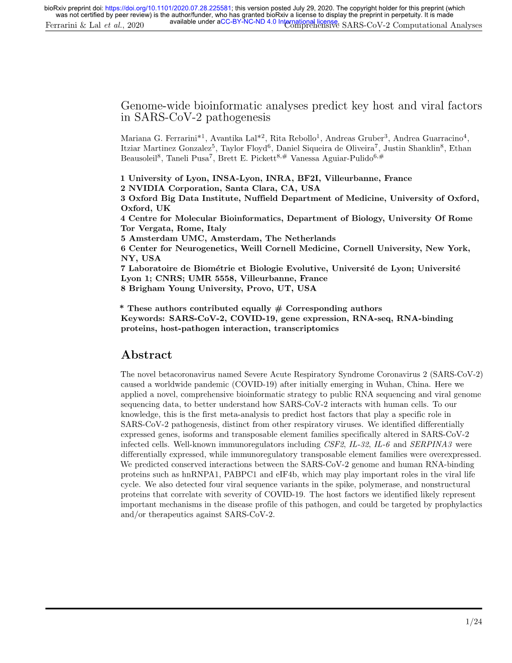 Genome-Wide Bioinformatic Analyses Predict Key Host and Viral Factors in SARS-Cov-2 Pathogenesis