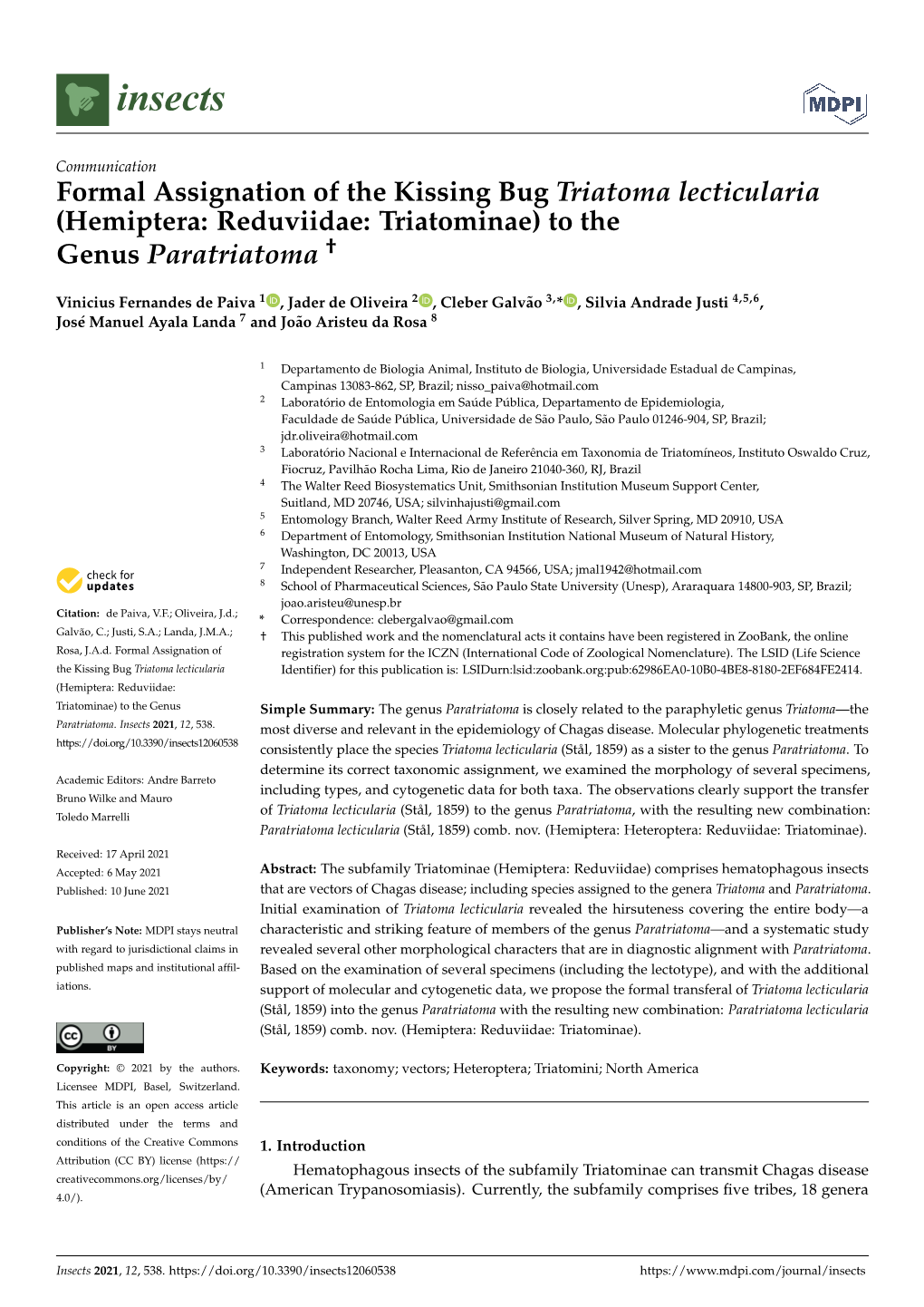 Hemiptera: Reduviidae: Triatominae) to the Genus Paratriatoma †