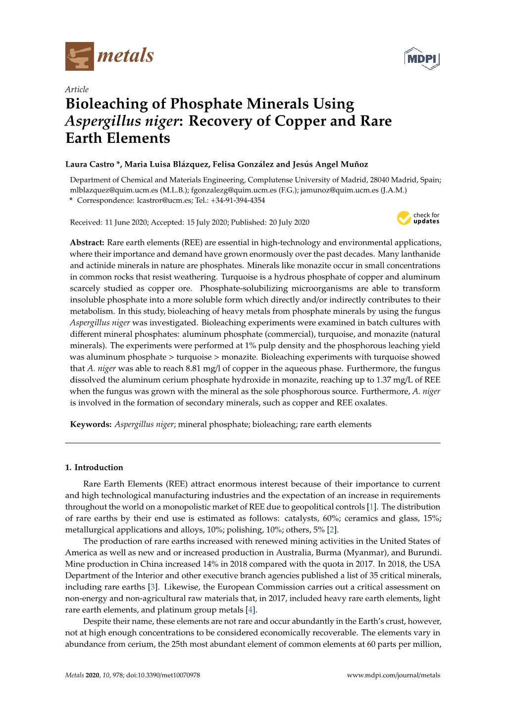 Bioleaching of Phosphate Minerals Using Aspergillus Niger: Recovery of Copper and Rare Earth Elements