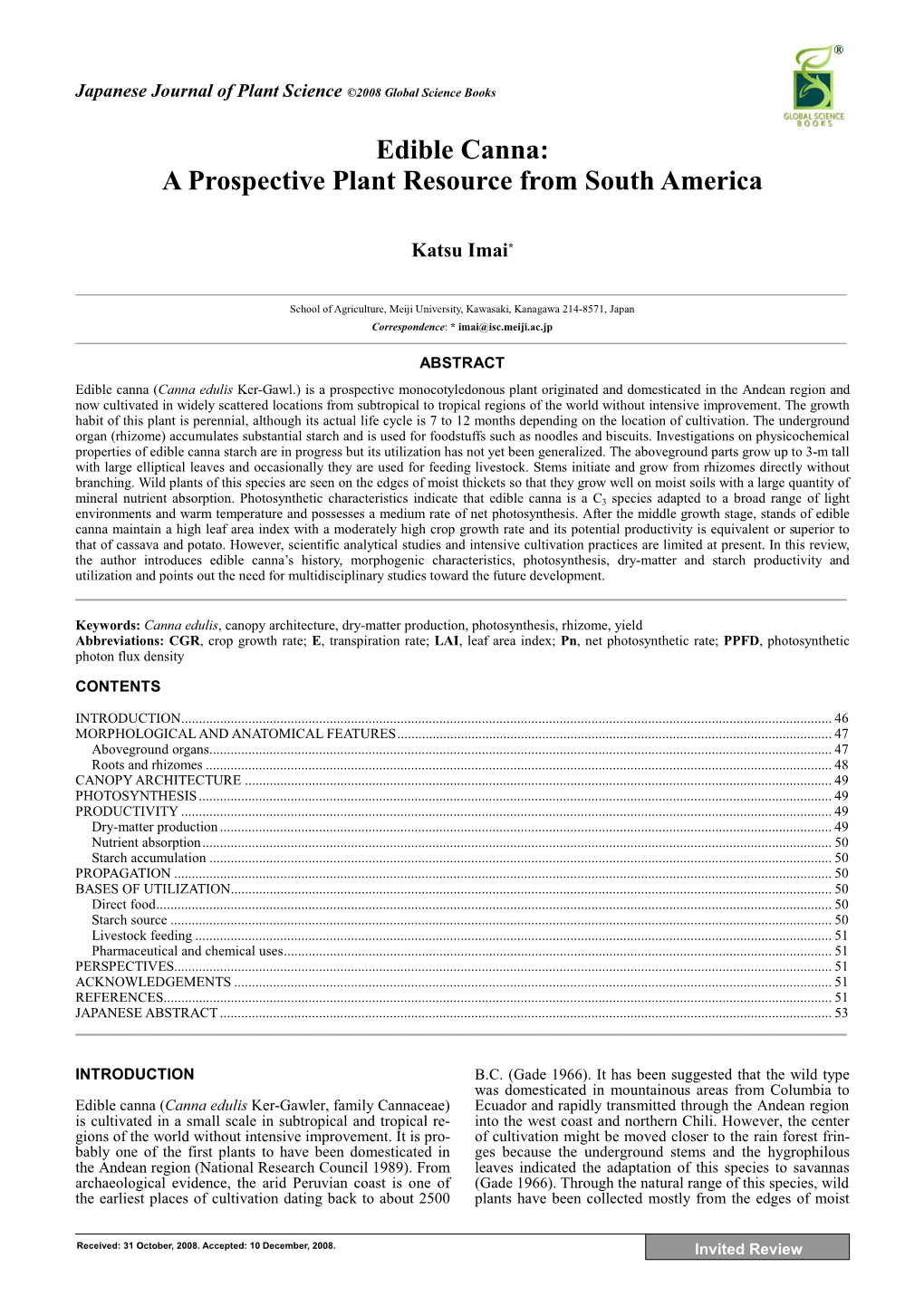 Edible Canna: a Prospective Plant Resource from South America