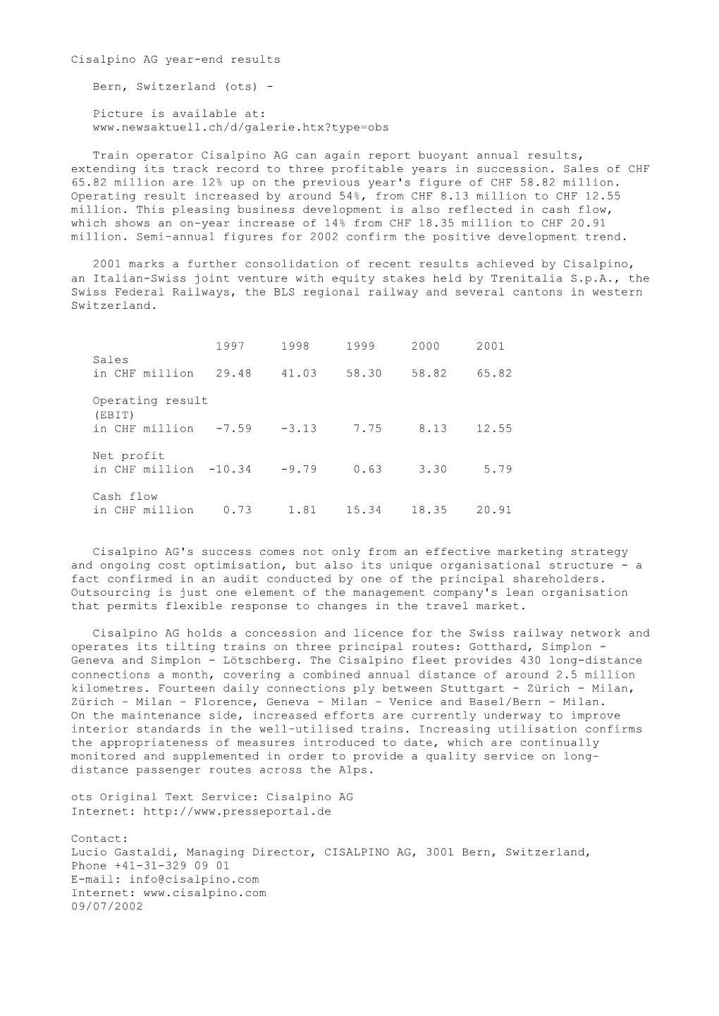 Cisalpino AG Year-End Results Bern, Switzerland (Ots)