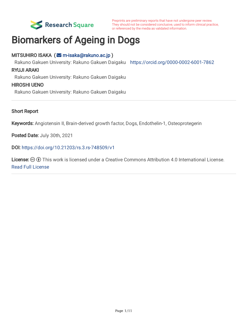 Biomarkers of Ageing in Dogs