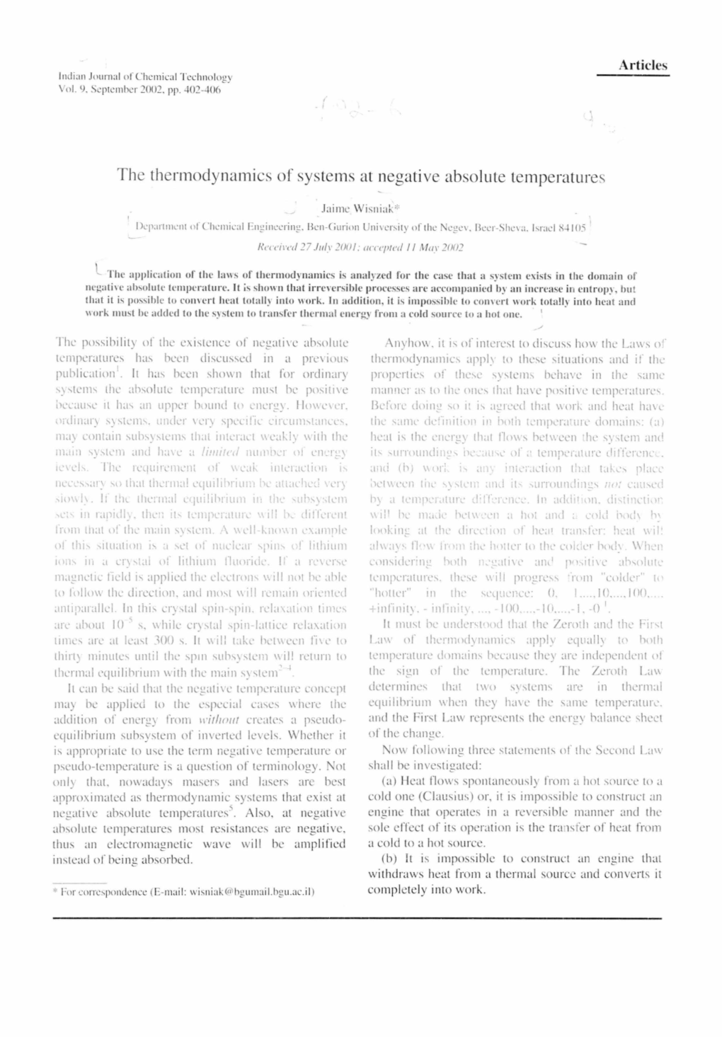 The Thermodynamics of Systems at Negative Absolute Temperatures