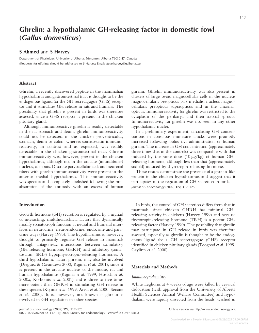 Ghrelin: a Hypothalamic GH-Releasing Factor in Domestic Fowl (Gallus Domesticus)