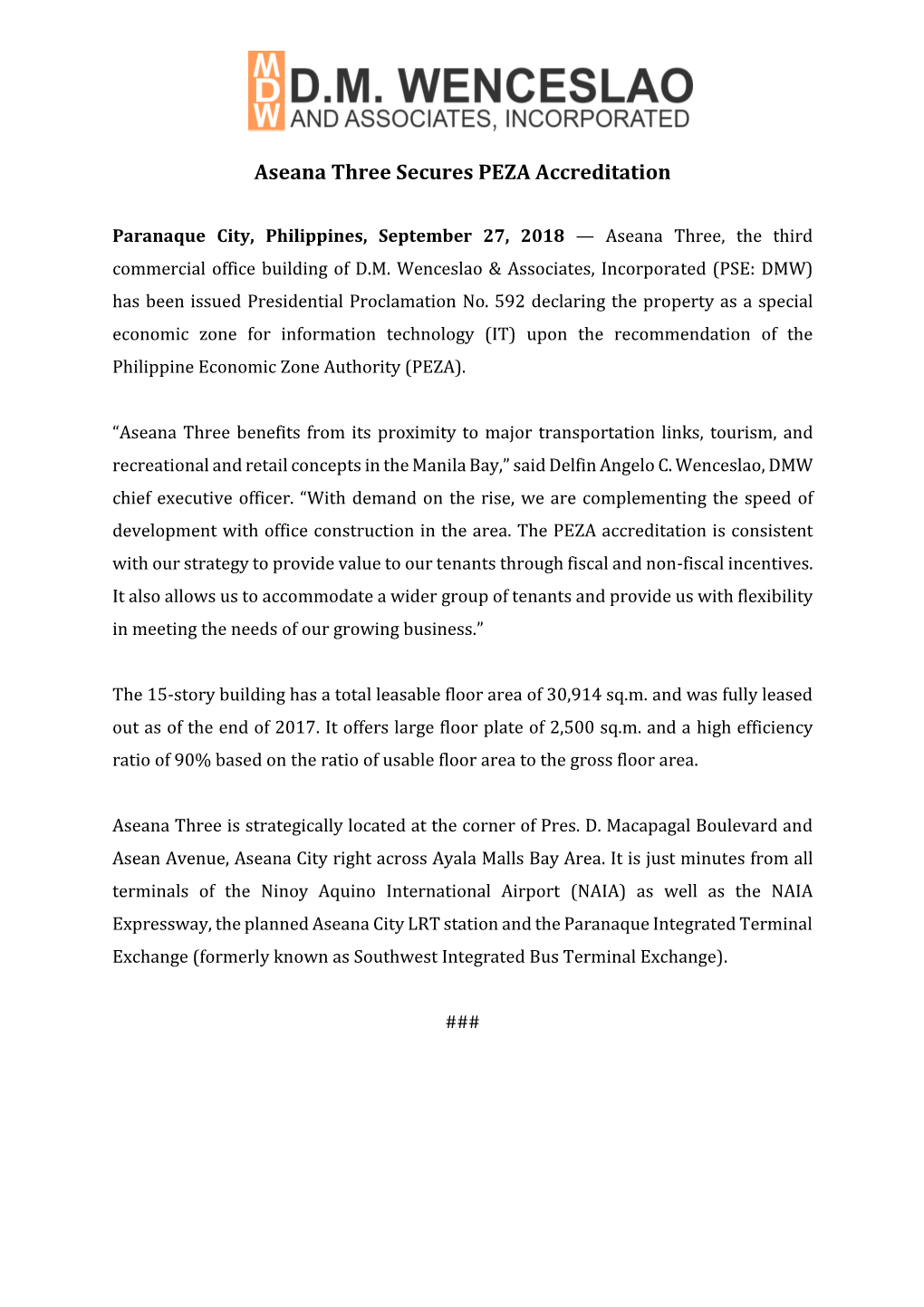 Aseana Three Secures PEZA Accreditation