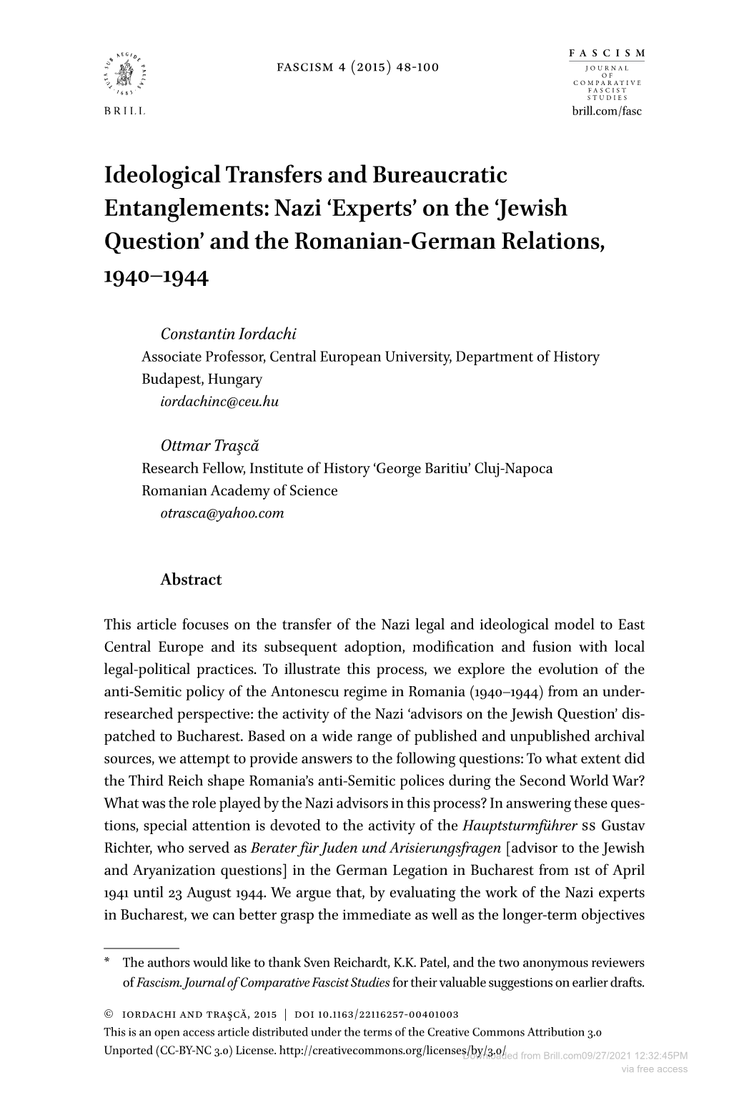 Nazi ‘Experts’ on the ‘Jewish Question’ and the Romanian-German Relations, 1940–1944