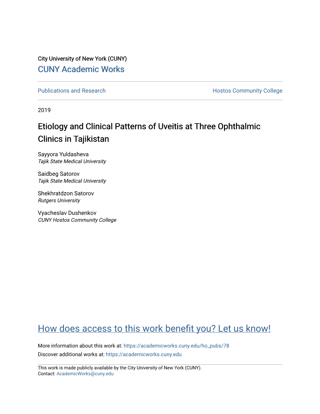 Etiology and Clinical Patterns of Uveitis at Three Ophthalmic Clinics in Tajikistan