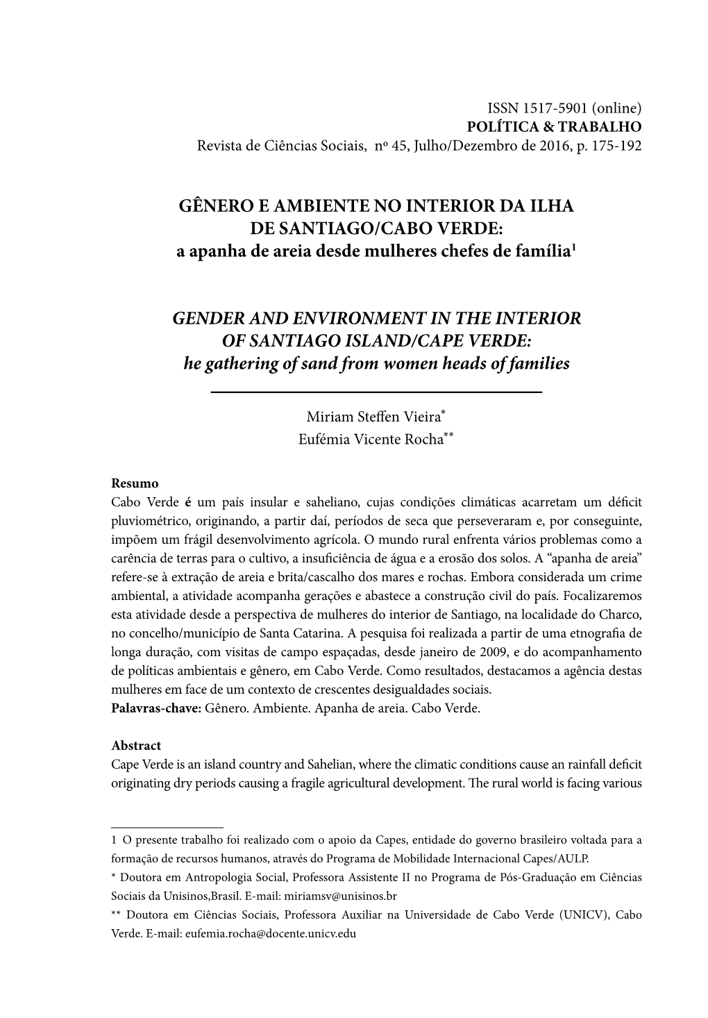 GÊNERO E AMBIENTE NO INTERIOR DA ILHA DE SANTIAGO/CABO VERDE: a Apanha De Areia Desde Mulheres Chefes De Família1