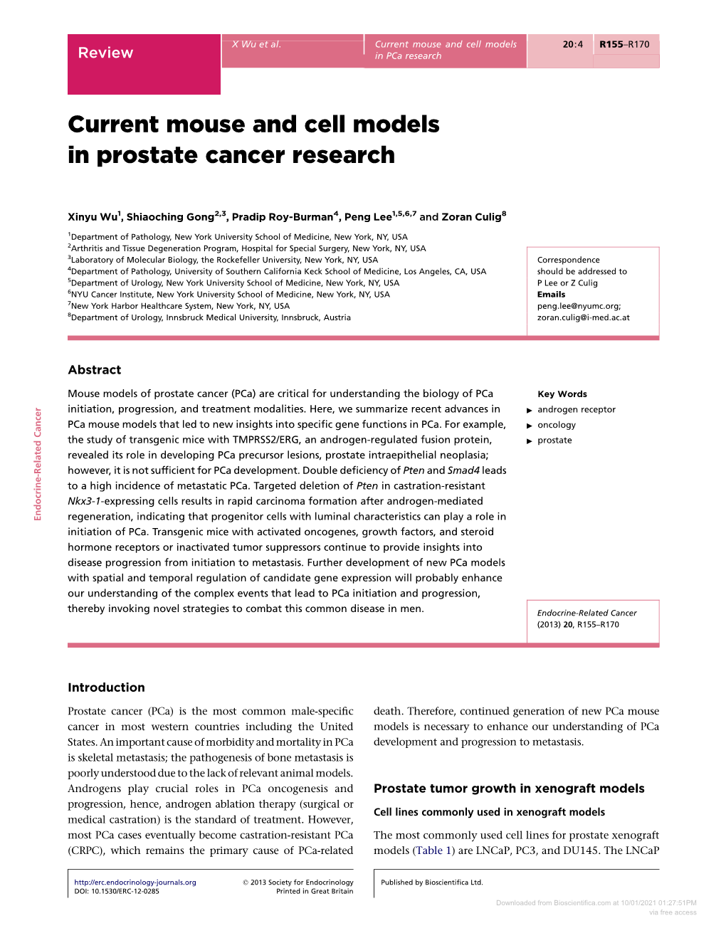 Current Mouse and Cell Models in Prostate Cancer Research