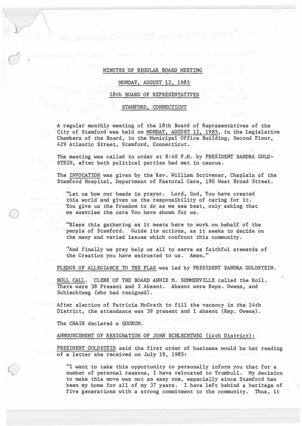 Minutes of Regular Board Meeting Monday, August 12, 1985 2