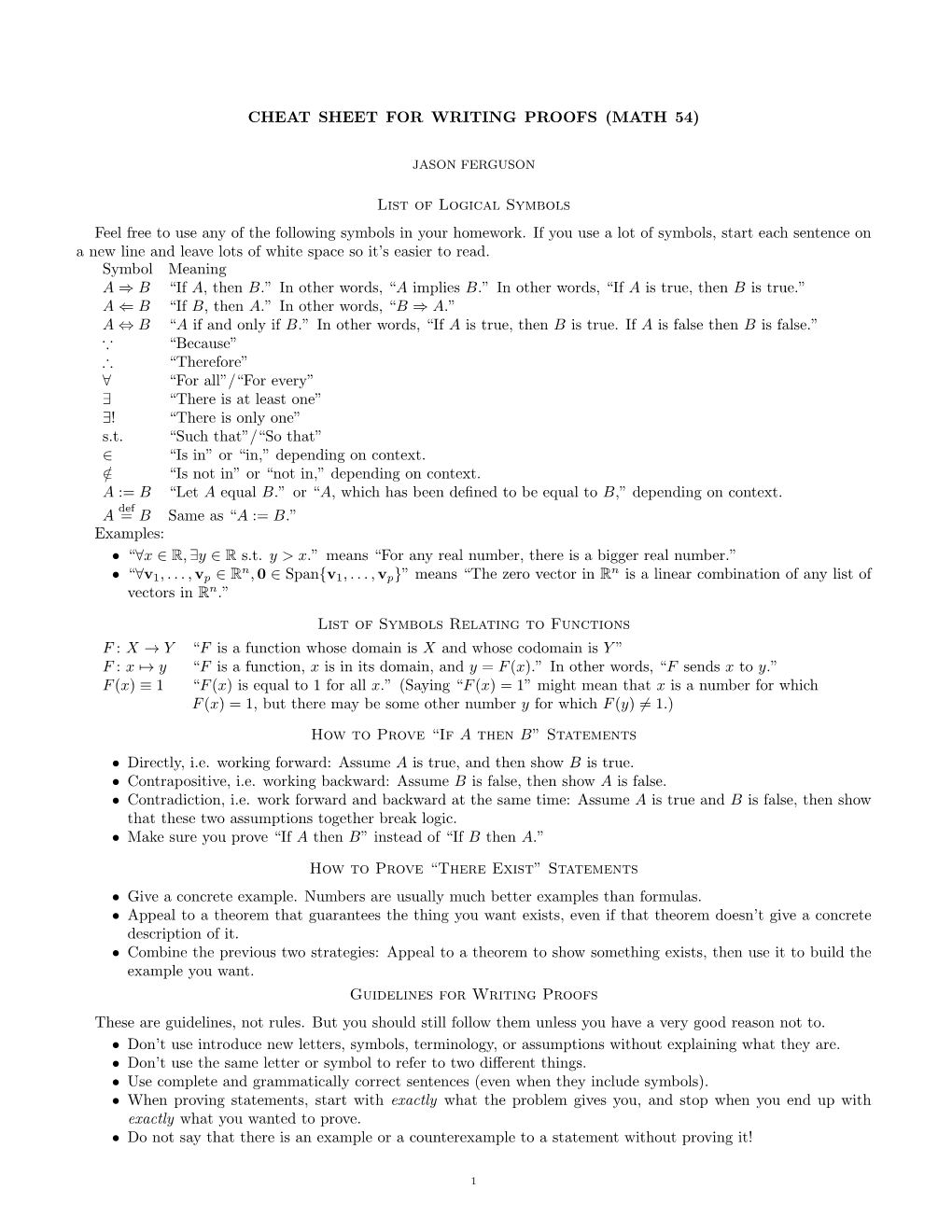 CHEAT SHEET for WRITING PROOFS (MATH 54) List of Logical