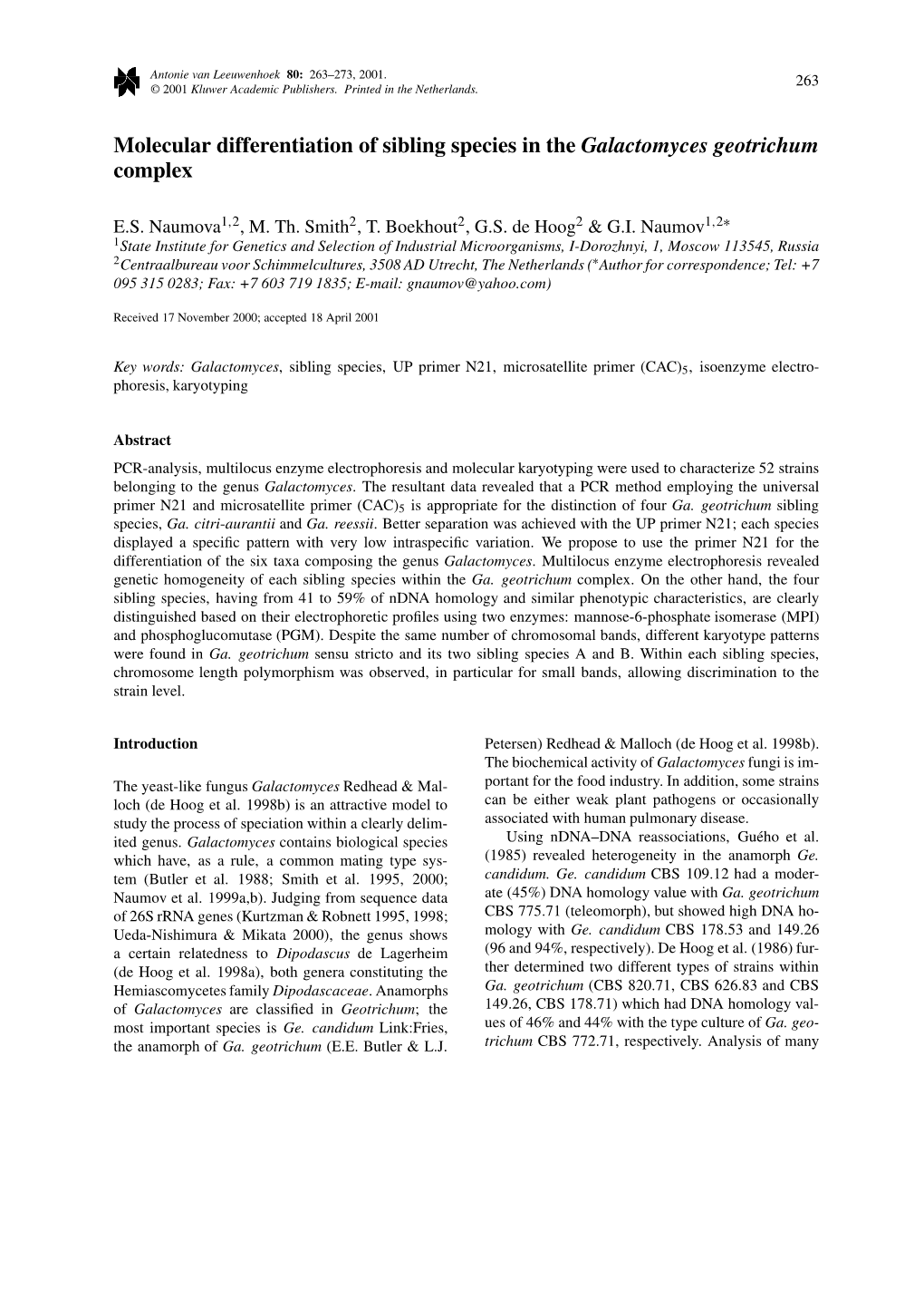 Molecular Differentiation of Sibling Species in the Galactomyces Geotrichum Complex