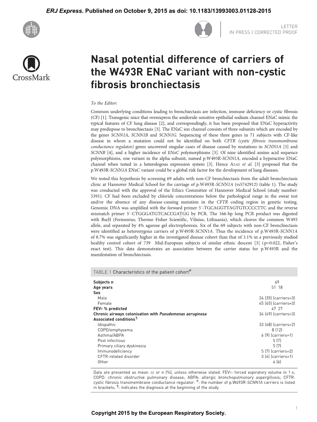 Nasal Potential Difference of Carriers of the W493R Enac Variant with Non-Cystic Fibrosis Bronchiectasis