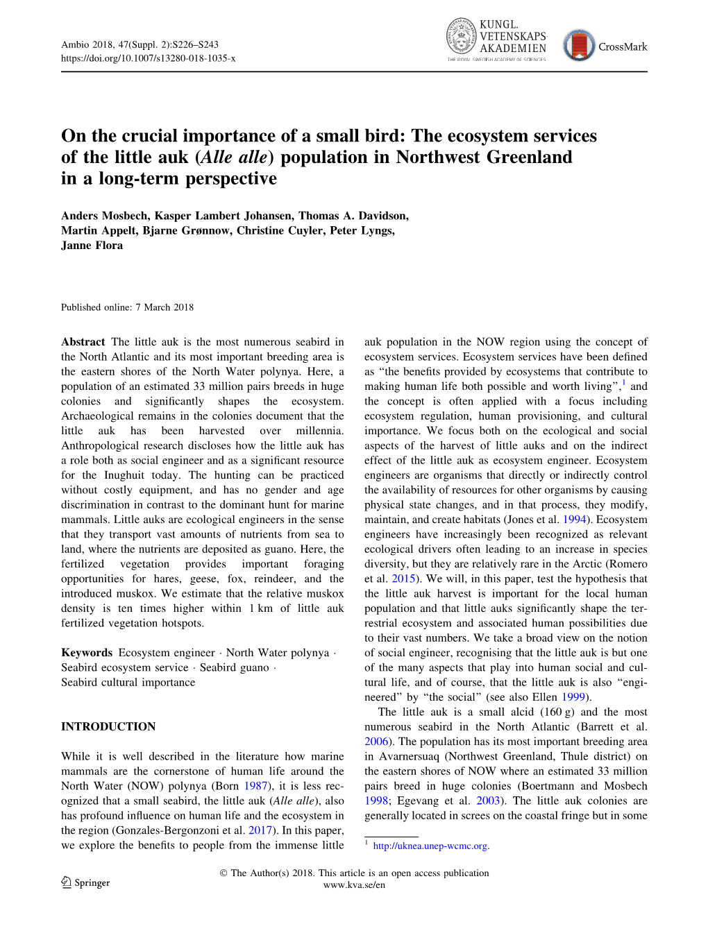 The Ecosystem Services of the Little Auk (Alle Alle) Population in Northwest Greenland in a Long-Term Perspective