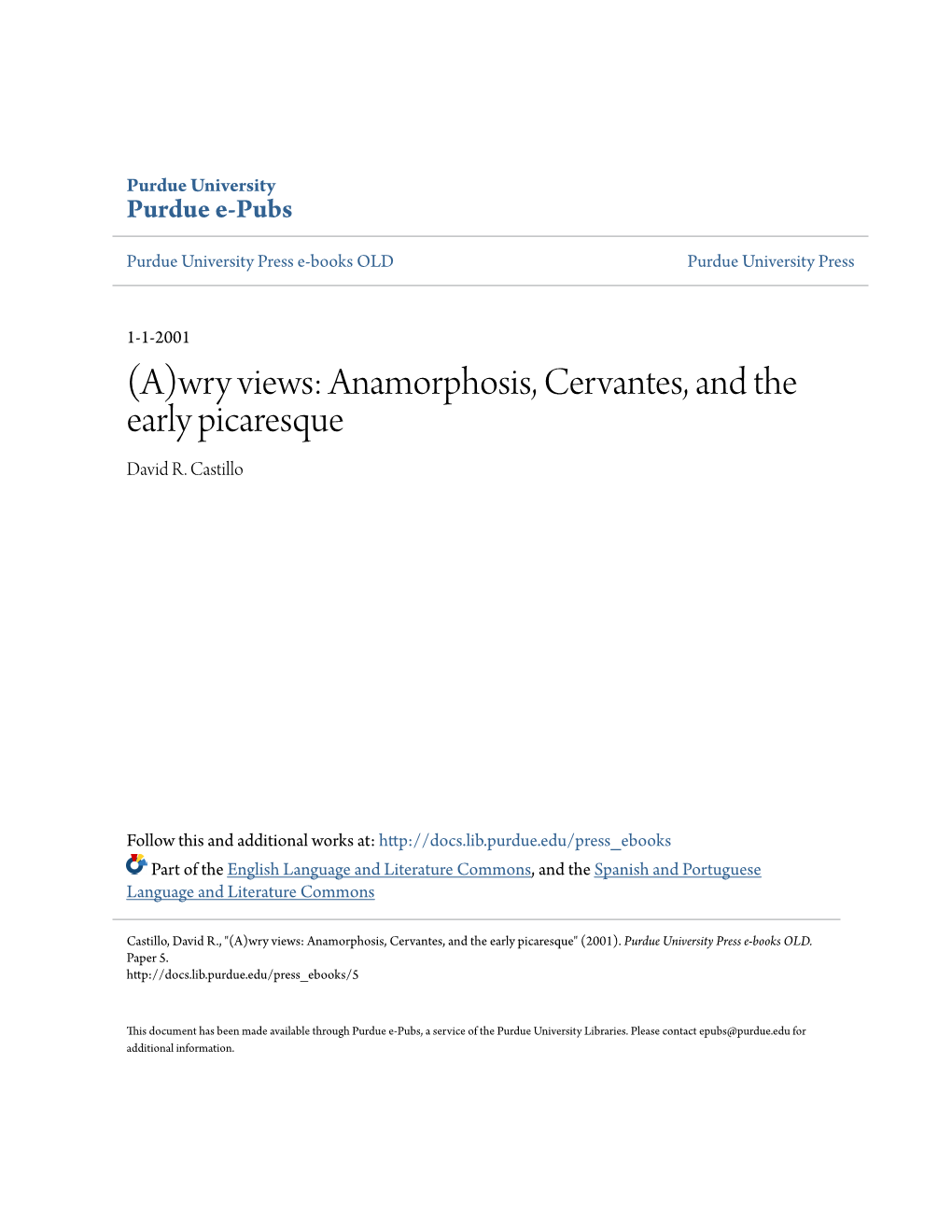 Anamorphosis, Cervantes, and the Early Picaresque David R