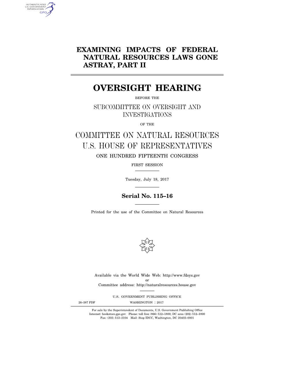 Oversight Hearing Committee on Natural Resources U.S