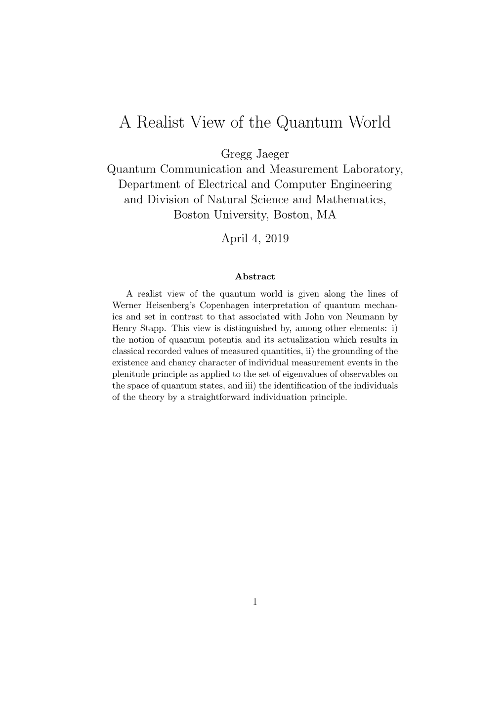 A Realist View of the Quantum World