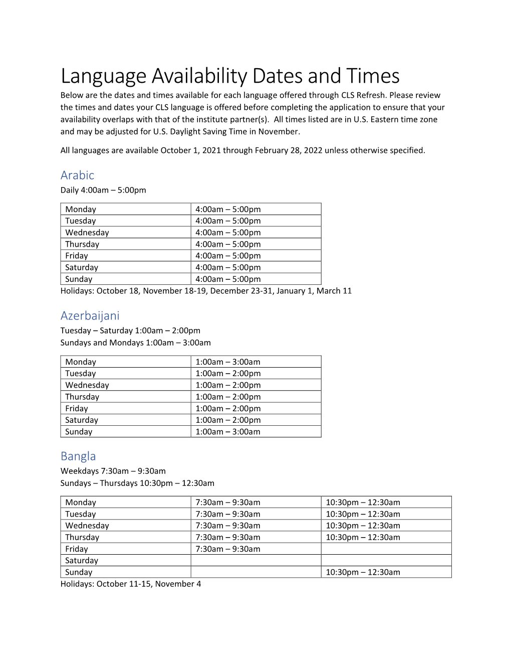 Language Availability Dates and Times Below Are the Dates and Times Available for Each Language Offered Through CLS Refresh