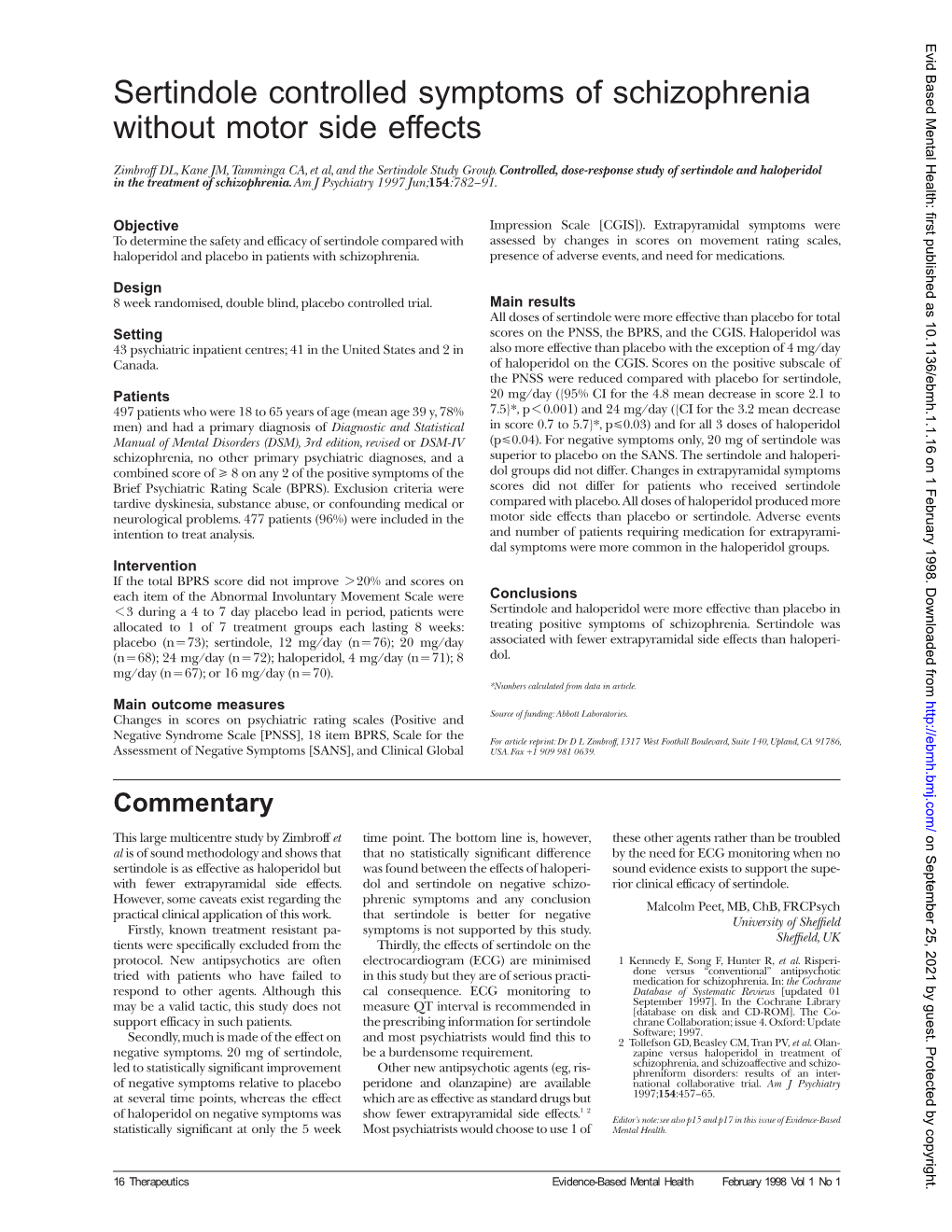 Sertindole Controlled Symptoms of Schizophrenia Without Motor Side Effects