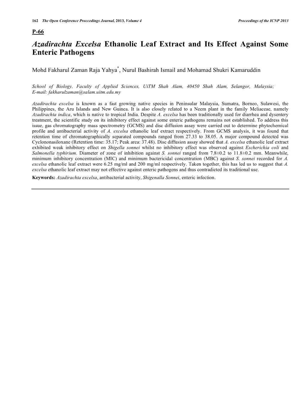 Azadirachta Excelsa Ethanolic Leaf Extract and Its Effect Against Some Enteric Pathogens