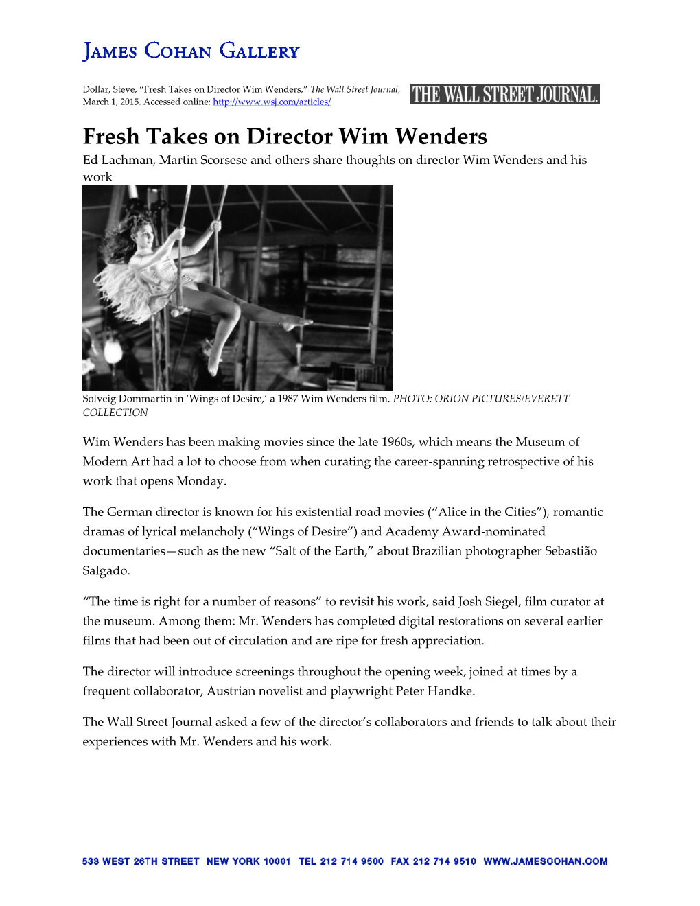 Fresh Takes on Director Wim Wenders,” the Wall Street Journal, March 1, 2015