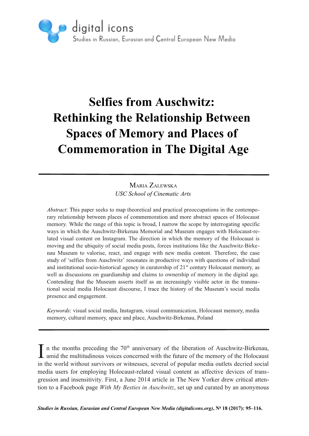 Selfies from Auschwitz: Rethinking the Relationship Between Spaces of Memory and Places of Commemoration in the Digital Age