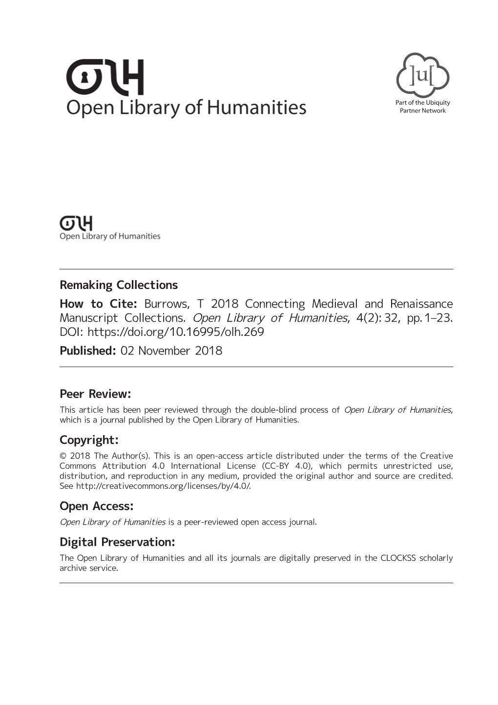 Connecting Medieval and Renaissance Manuscript Collections’ (2018) 4(2): 32 Open Library of Humanities