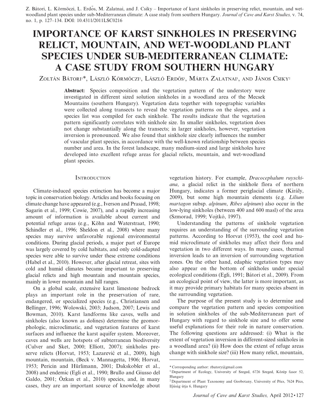 Importance of Karst Sinkholes in Preserving Relict, Mountain, and Wet- Woodland Plant Species Under Sub-Mediterranean Climate: a Case Study from Southern Hungary