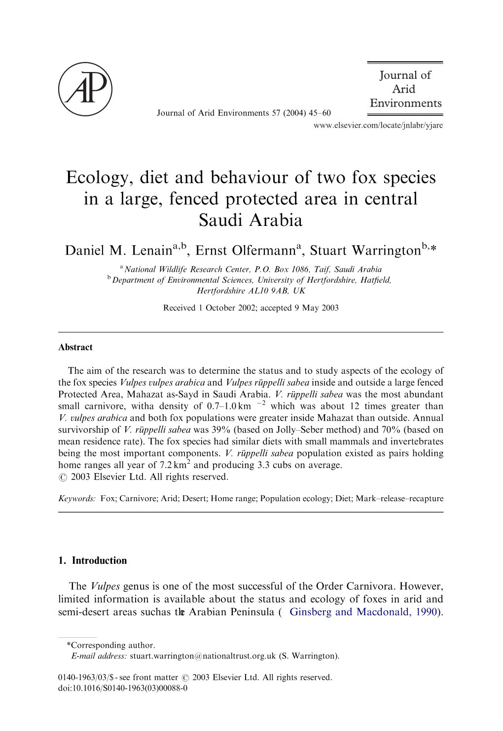 Ecology, Diet and Behaviour of Two Fox Species in a Large, Fenced Protected Area in Central Saudi Arabia