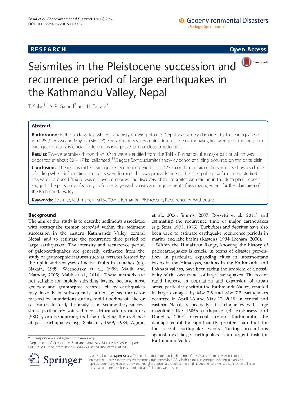 Seismites in the Pleistocene Succession and Recurrence Period of Large Earthquakes in the Kathmandu Valley, Nepal T