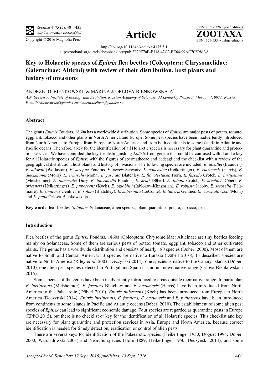 Key to Holarctic Species of Epitrix Flea Beetles (Coleoptera