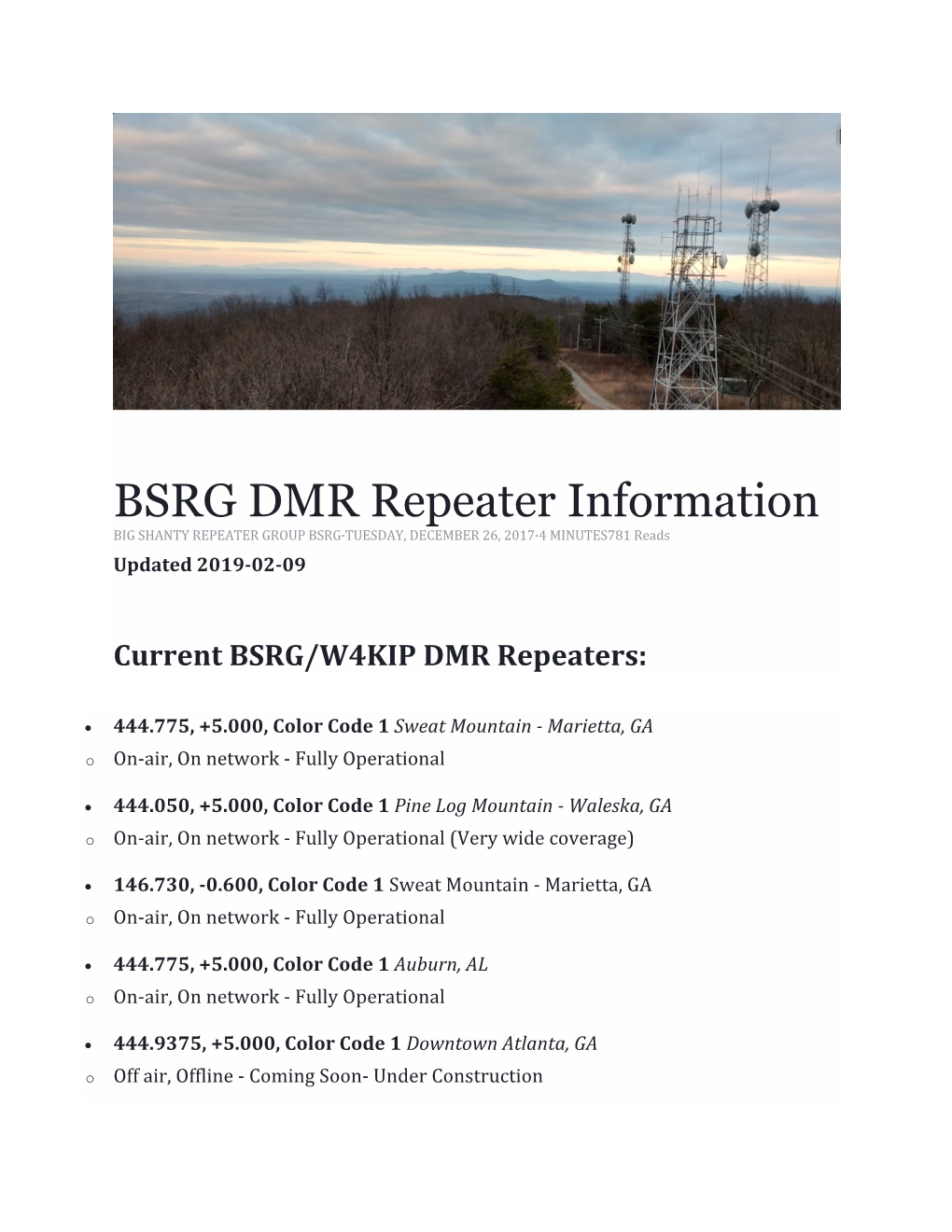 BSRG DMR Repeater Information BIG SHANTY REPEATER GROUP BSRG·TUESDAY, DECEMBER 26, 2017·4 MINUTES781 Reads Updated 2019-02-09