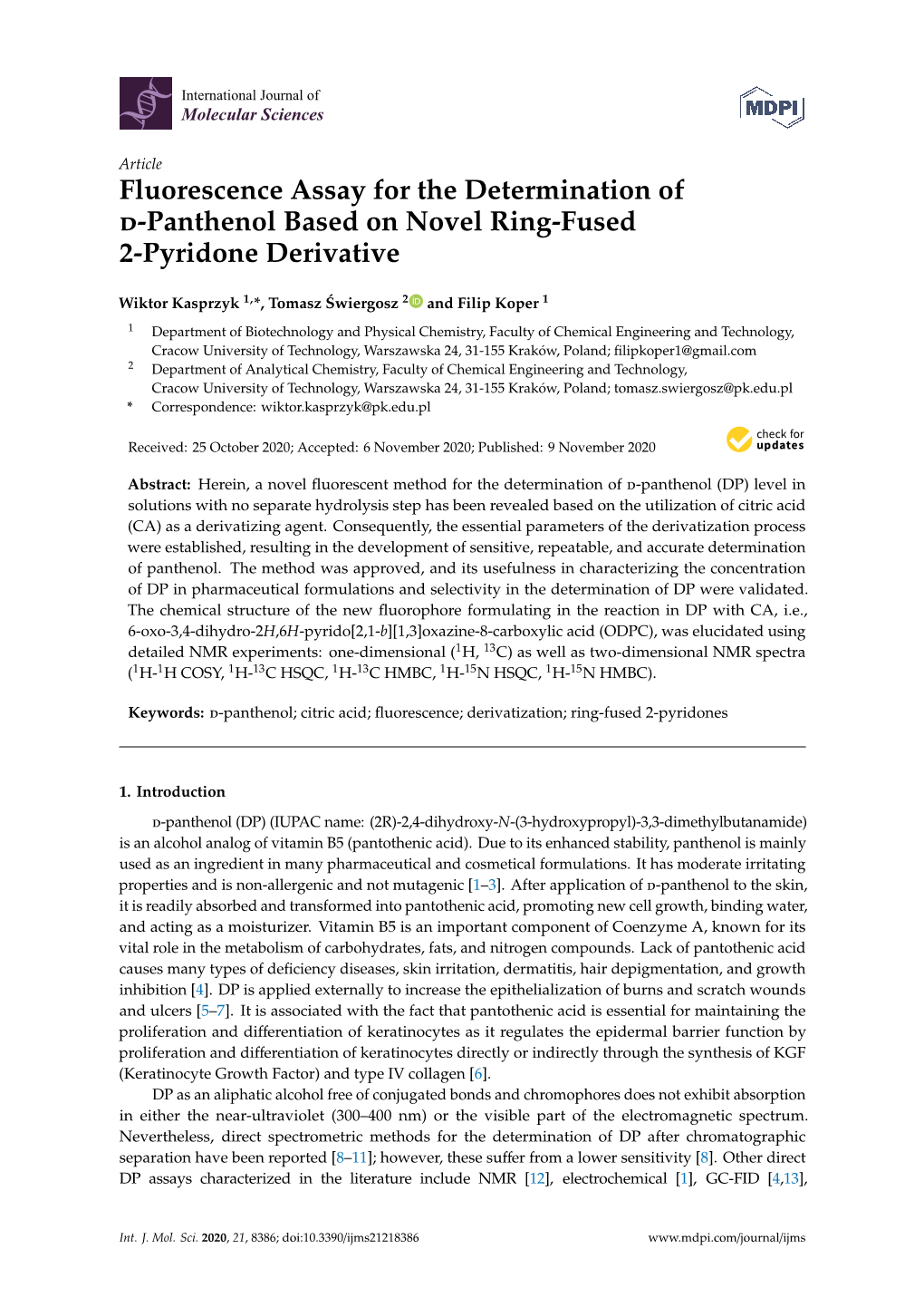 Fluorescence Assay for the Determination of D-Panthenol Based on Novel Ring-Fused 2-Pyridone Derivative