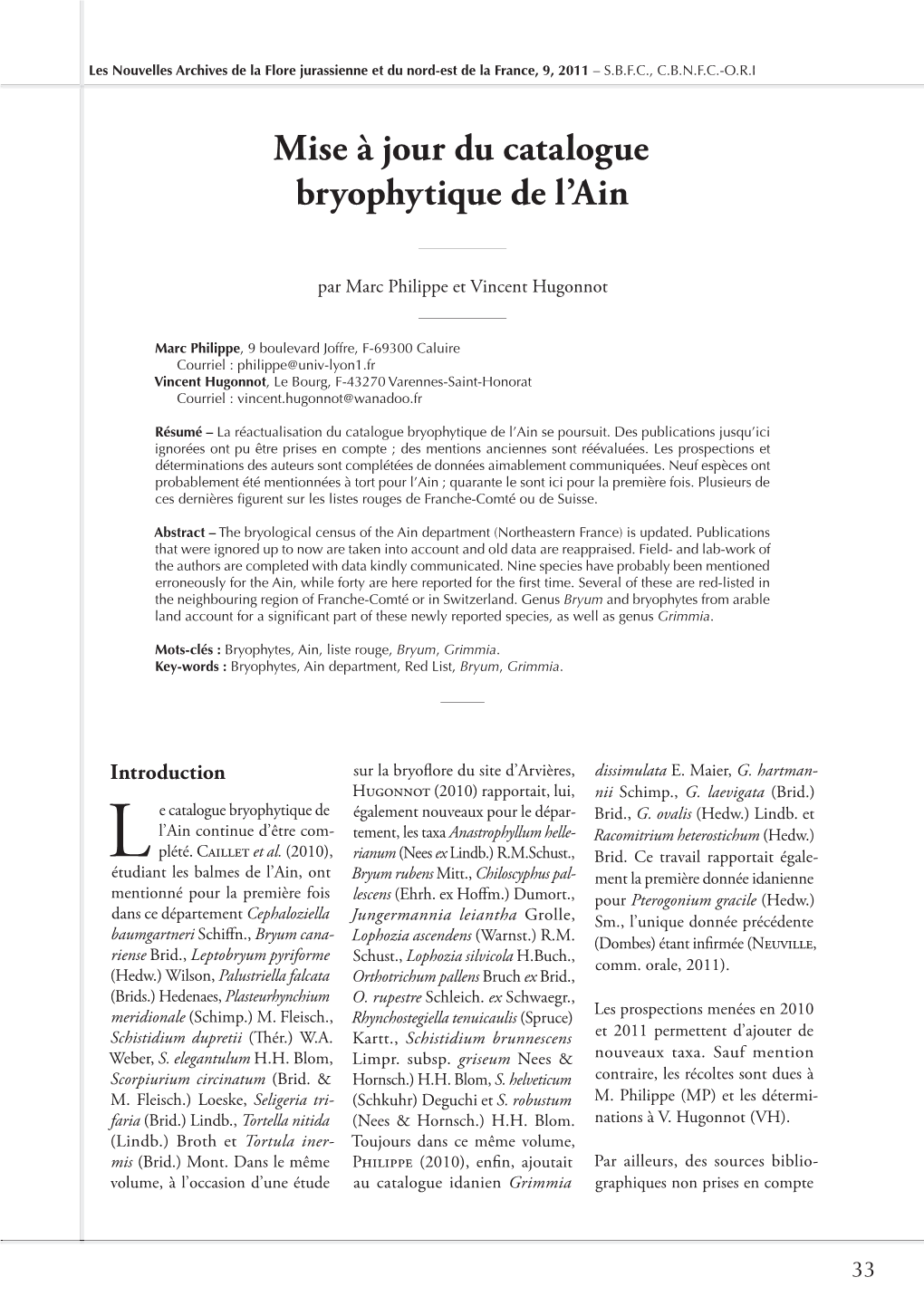 Mise À Jour Du Catalogue Bryophytique De L'ain