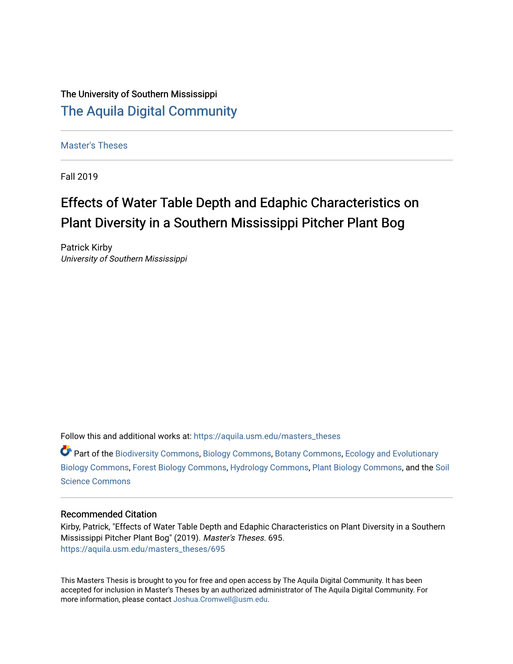 Effects of Water Table Depth and Edaphic Characteristics on Plant Diversity in a Southern Mississippi Pitcher Plant Bog